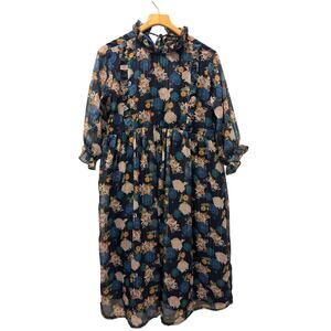 Janasya Dress 2XL Navy Blue Floral Ruffle Boho Fit & Flare Midi  Plus XXL NWT